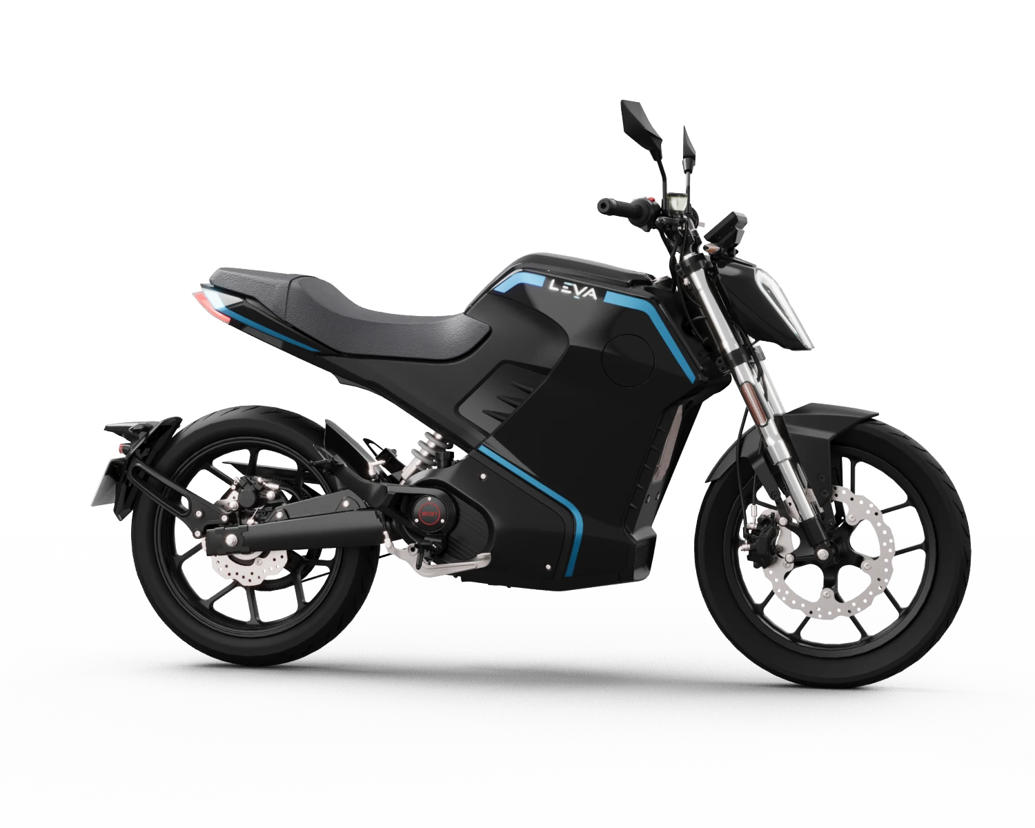 LEVA Motors EG1 elétrica preta com detalhes azuis
